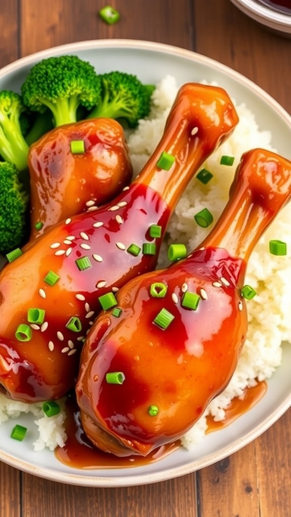 Sweet glazed chicken drumsticks garnished with sesame seeds and green onions, served with rice and broccoli.